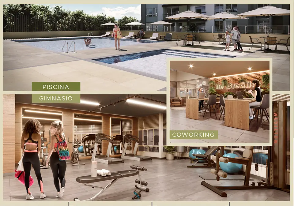 Imagen de las diferentes secciones (Coworking, Gimnasio y Piscina) del proyecto Viverdi de Marval